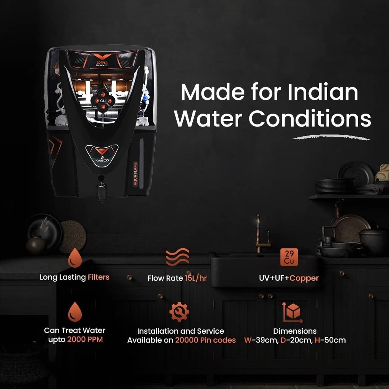 Kinsco Aqua Flame 15 L RO + UV + UF + Copper + TDS Control Water Purifier with Prefilter  (Black) - Image 2