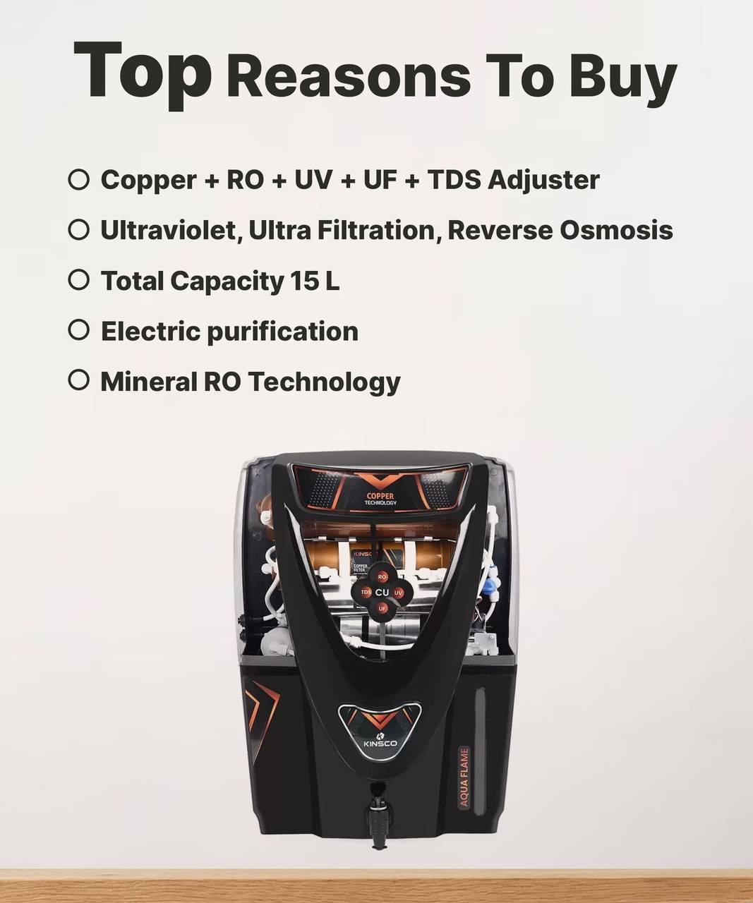 Kinsco Aqua Flame 15 L RO + UV + UF + Copper + TDS Control Water Purifier with Prefilter  (Black) - Image 6