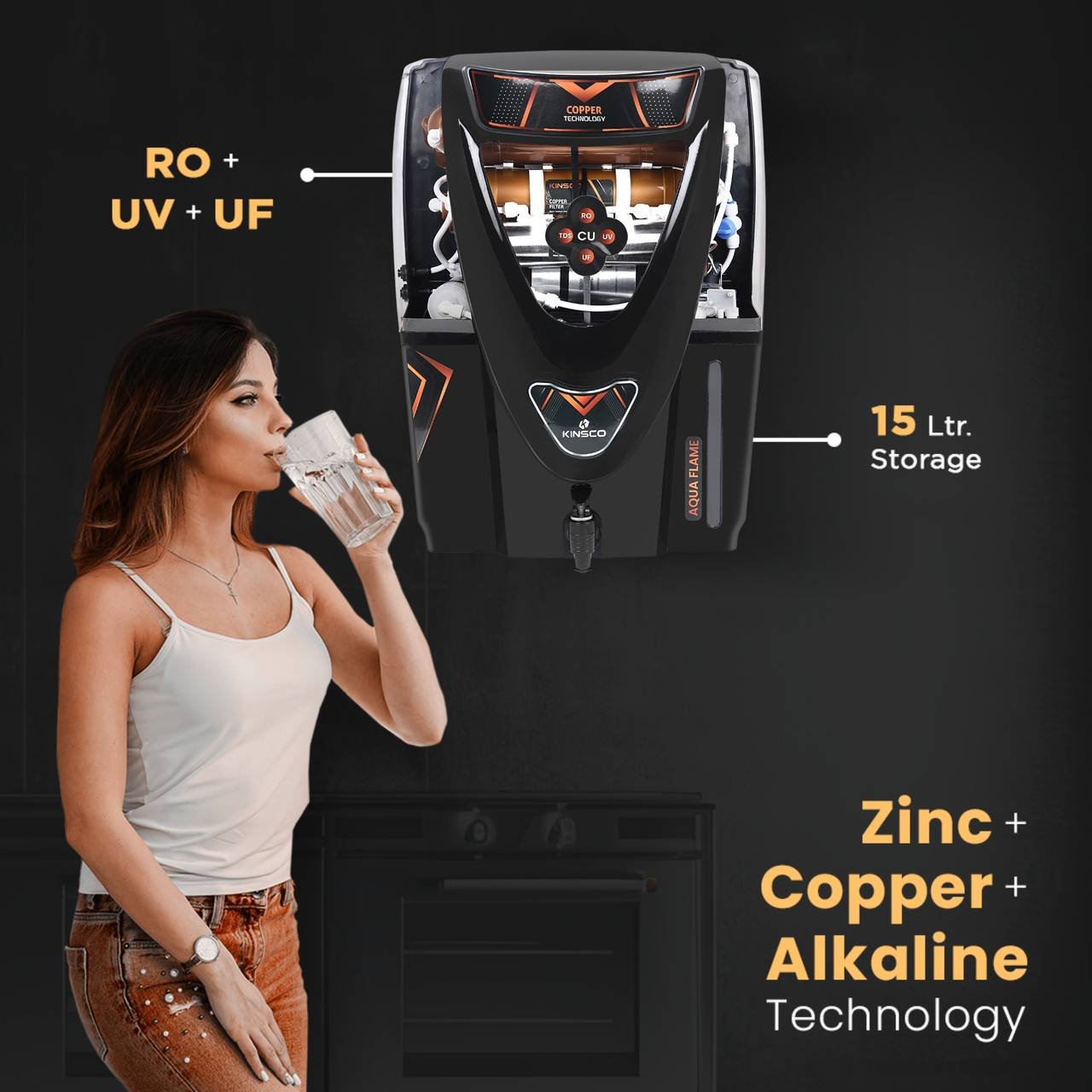 Kinsco Aqua Flame 15 L RO + UV + UF + Copper + TDS Control Water Purifier with Prefilter  (Black) - Image 5