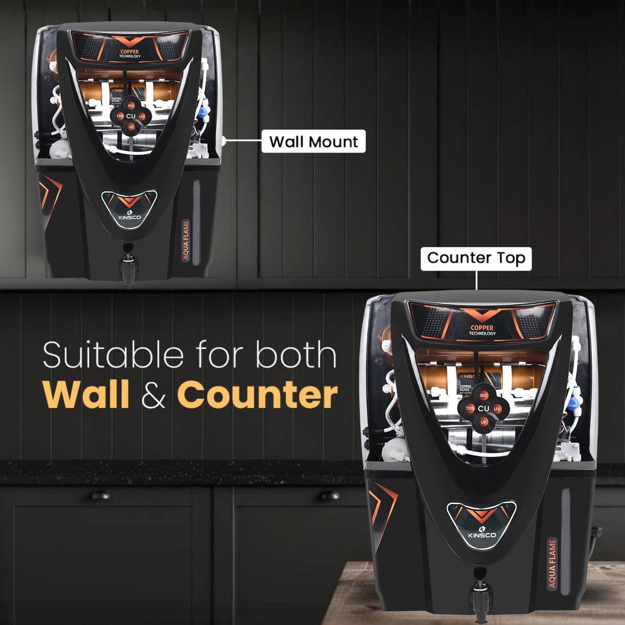 Kinsco Aqua Flame 15 L RO + UV + UF + Copper + TDS Control Water Purifier with Prefilter  (Black) - Image 3