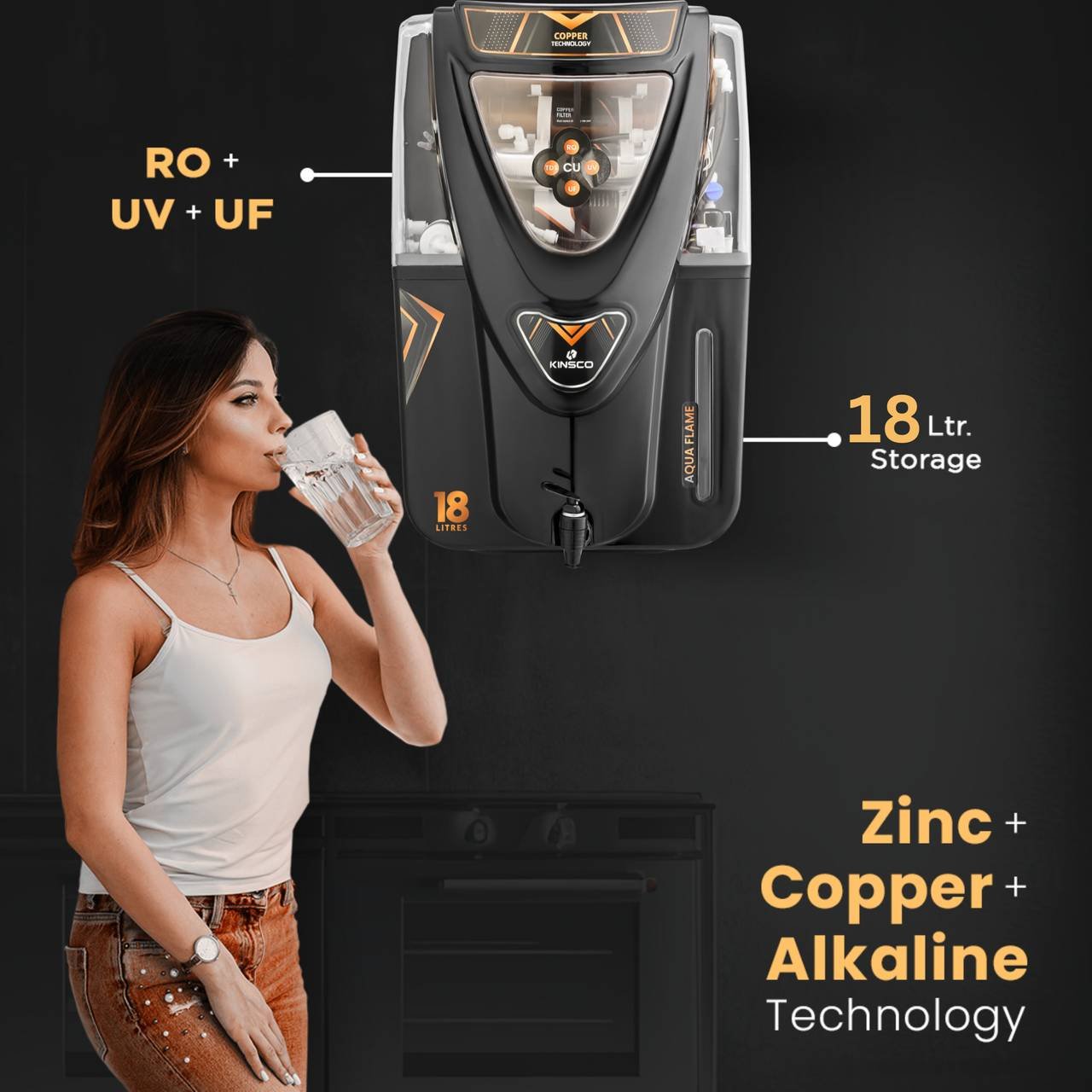 Kinsco Aqua Flame 18 Litre Copper RO 18 L RO + UV + UF + TDS + Copper Water Purifier (Black) - Image 2