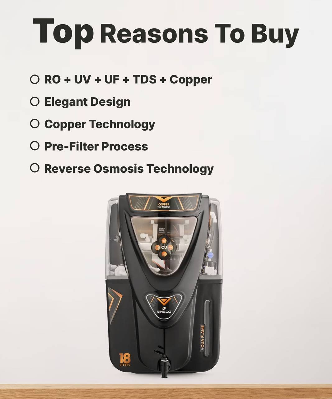 Kinsco Aqua Flame 18 Litre Copper RO 18 L RO + UV + UF + TDS + Copper Water Purifier (Black) - Image 6