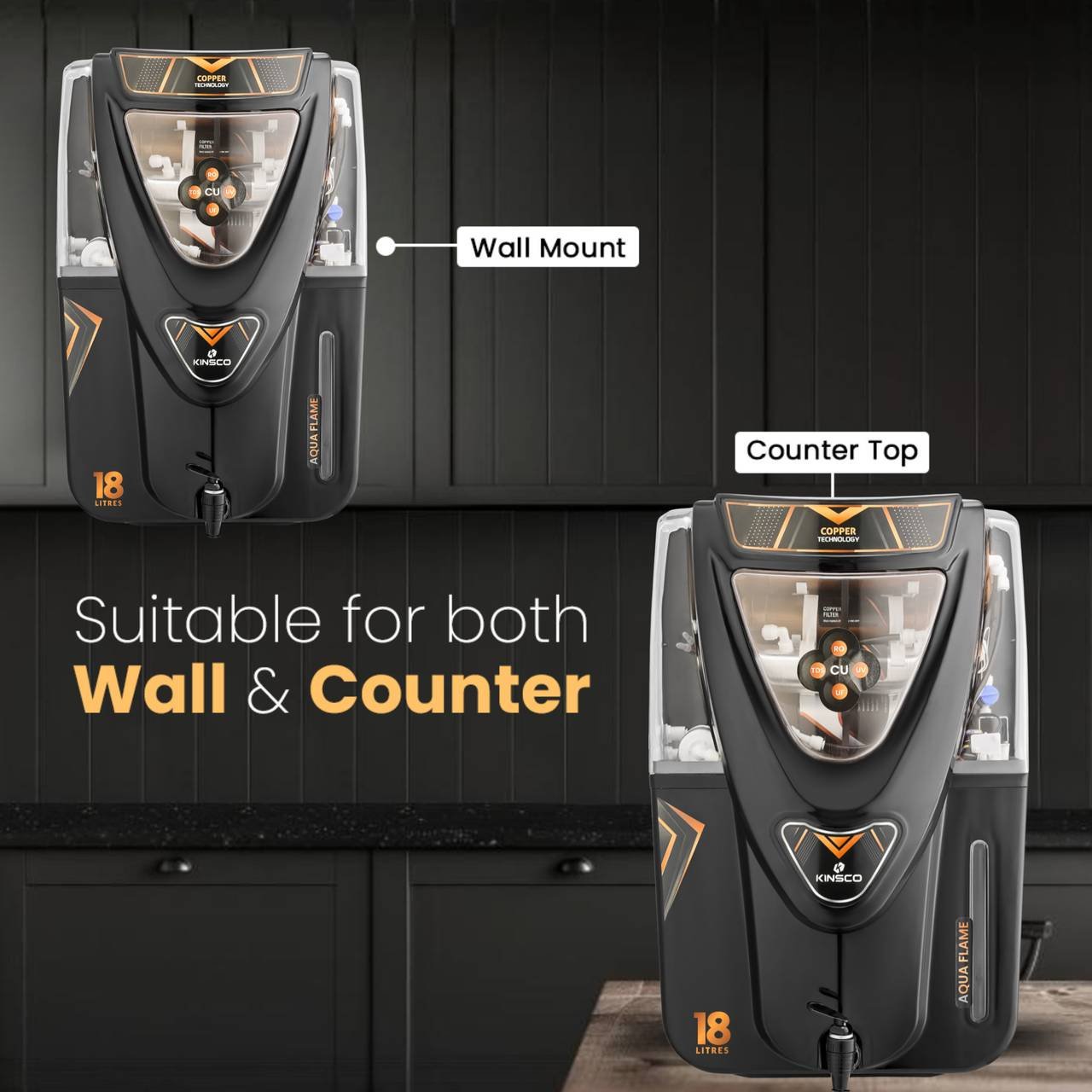 Kinsco Aqua Flame 18 Litre Copper RO 18 L RO + UV + UF + TDS + Copper Water Purifier (Black) - Image 4