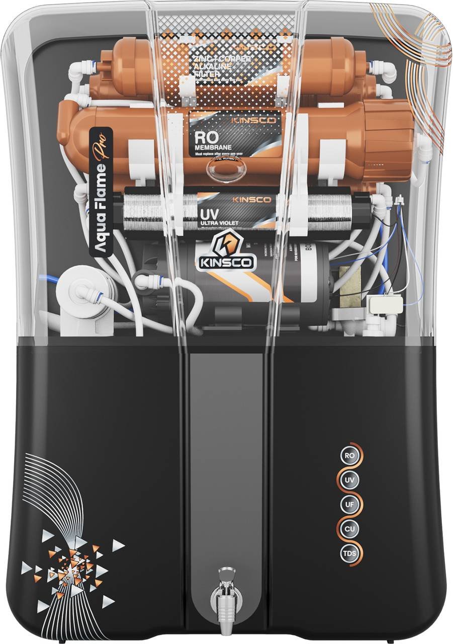 Kinsco Aqua Flame Pro ISI Mark with Zinc Copper and Alkaline Tds Adjuster 15 L RO + UV + UF + Copper Guard + pH enhancer Water Purifier (Black)