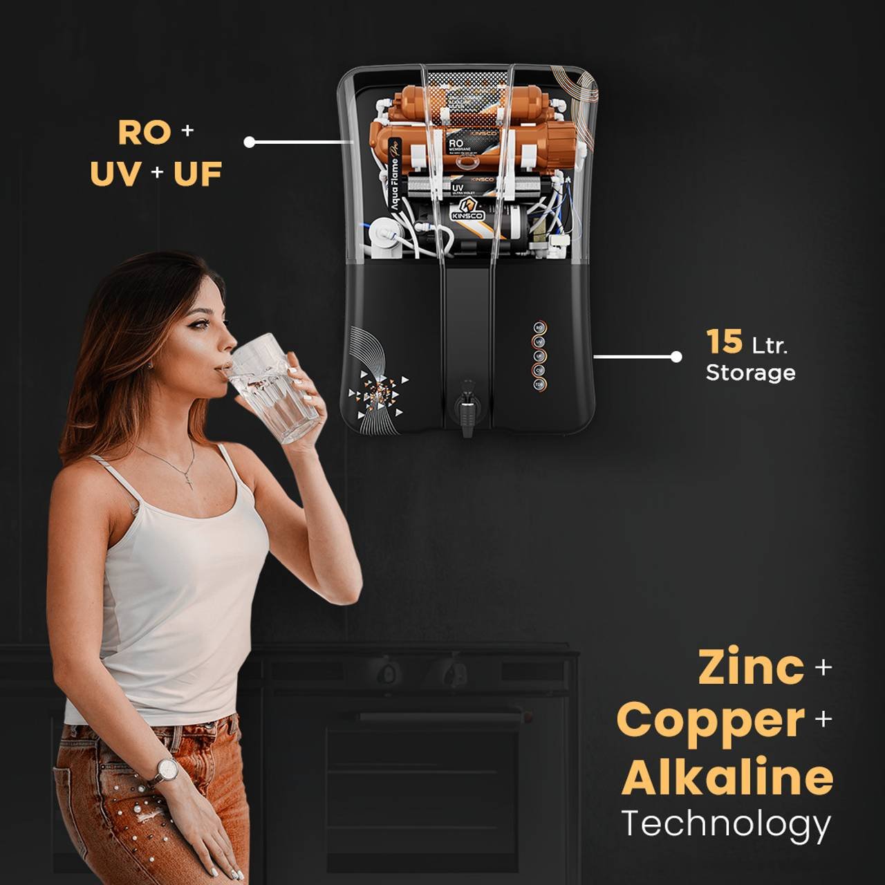 Kinsco Aqua Flame Pro ISI Mark with Zinc Copper and Alkaline Tds Adjuster 15 L RO + UV + UF + Copper Guard + pH enhancer Water Purifier (Black) - Image 9