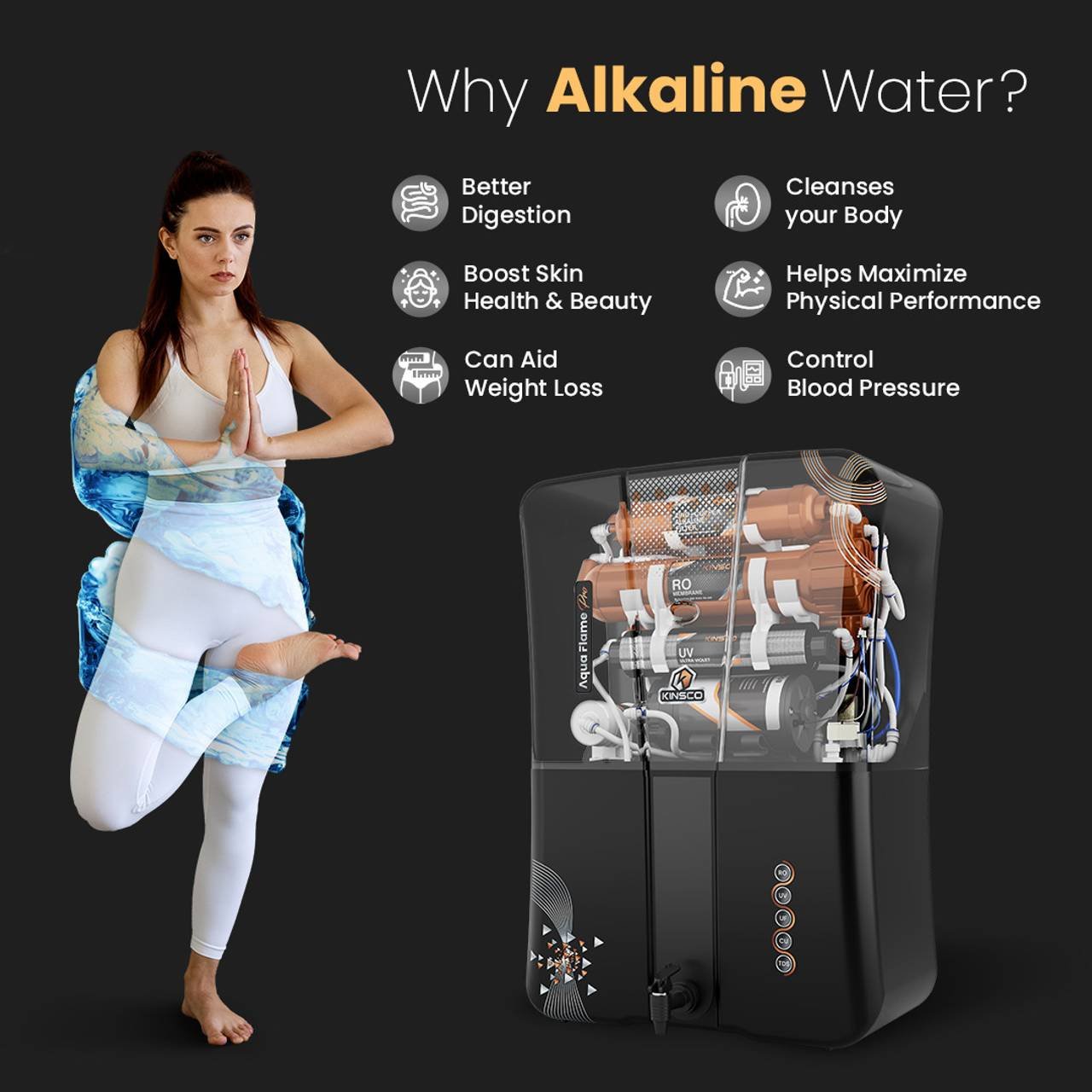 Kinsco Aqua Flame Pro ISI Mark with Zinc Copper and Alkaline Tds Adjuster 15 L RO + UV + UF + Copper Guard + pH enhancer Water Purifier (Black) - Image 7