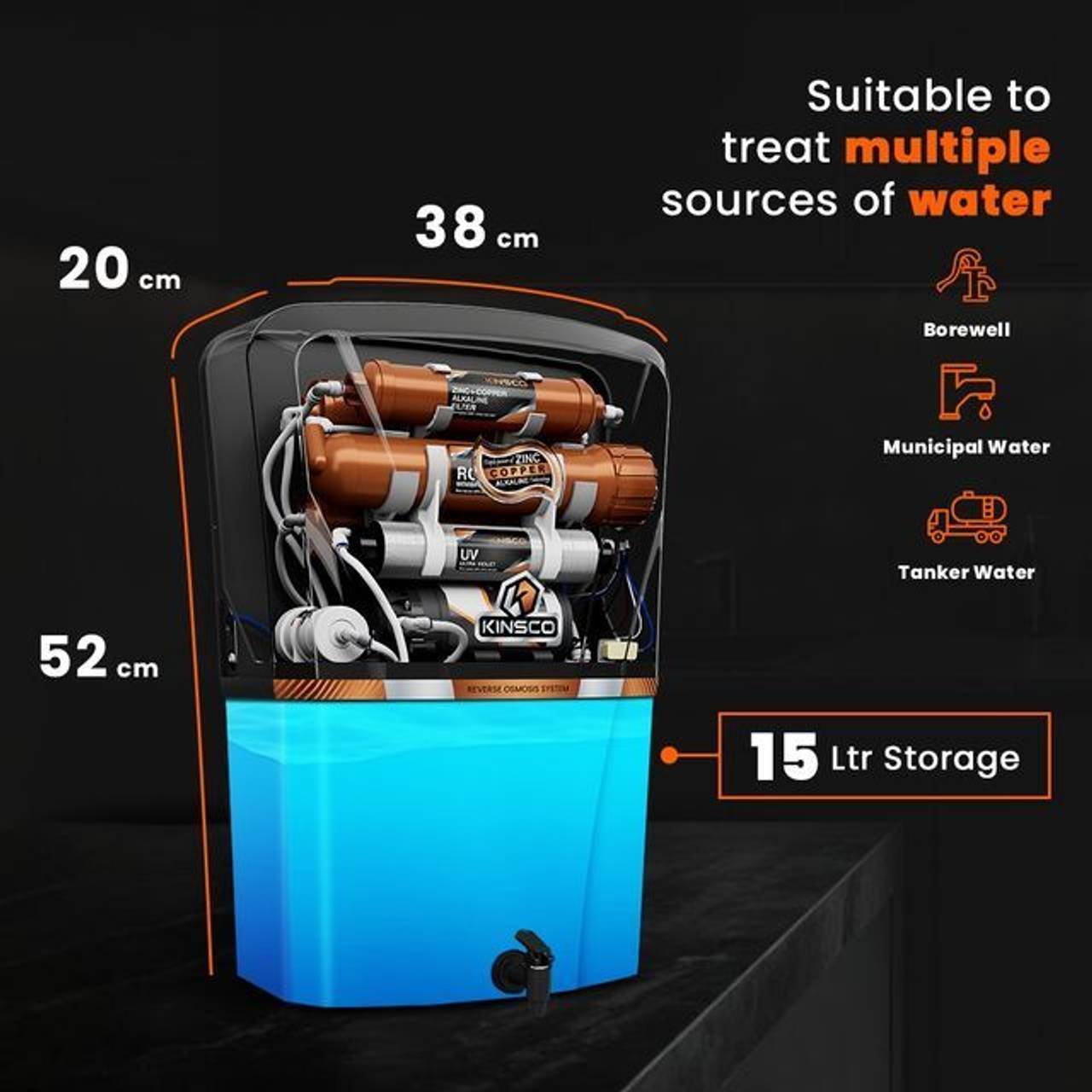 Kinsco Aqua Accent ISI Mark 15 L RO + UV + UF + Copper Guard + pH enhancer Water Purifier (Black) - Image 8