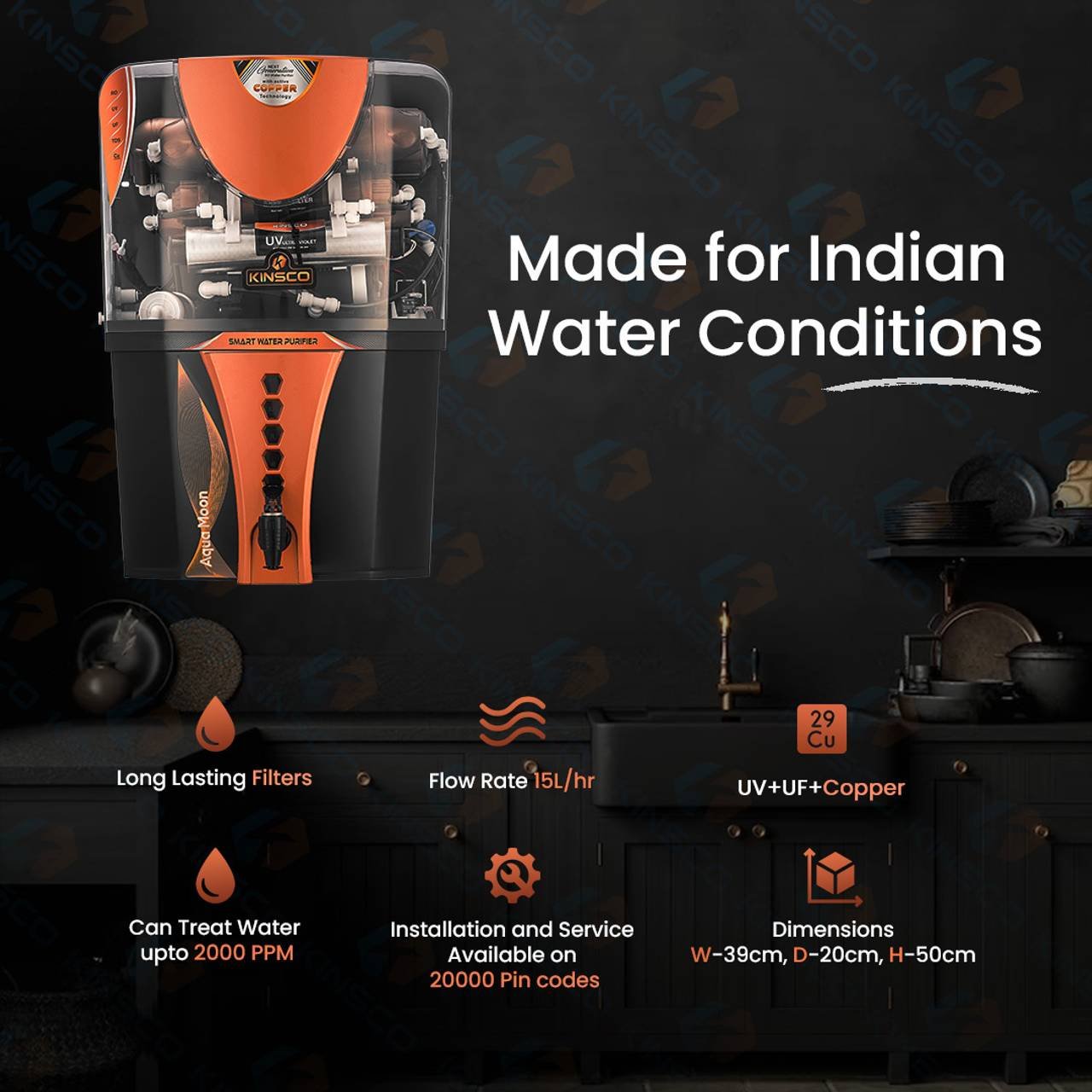 Kinsco Aqua Moon 13 L RO + UV + UF + Copper + TDS Control Water Purifier with Prefilter  (Black)Kinsco Aqua Moon 13 L RO + UV + UF + Copper + TDS Control Water Purifier with Prefilter  (Black) - Image 5