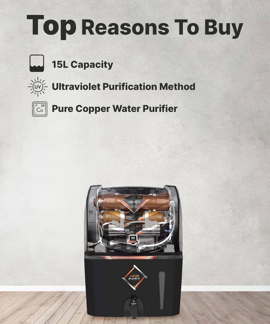 Kinsco Aqua Punch 15 L RO + UV + UF + Copper + TDS Control Water Purifier with Prefilter  (Black) - Image 5