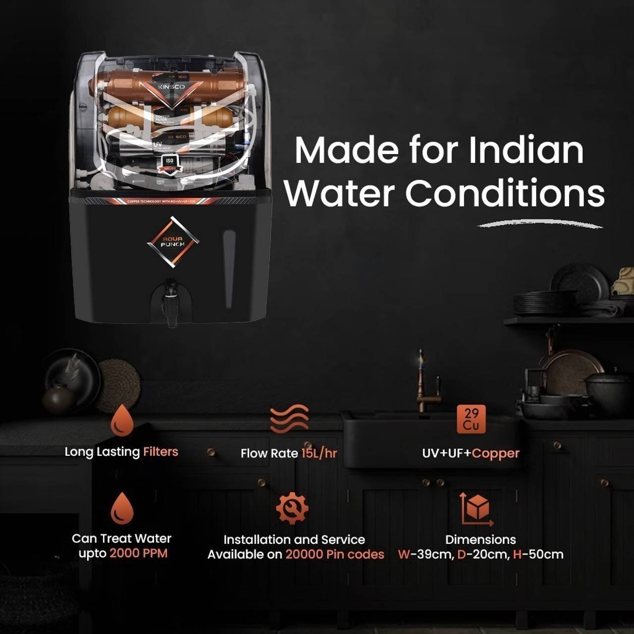 Kinsco Aqua Punch 15 L RO + UV + UF + Copper + TDS Control Water Purifier with Prefilter  (Black) - Image 3