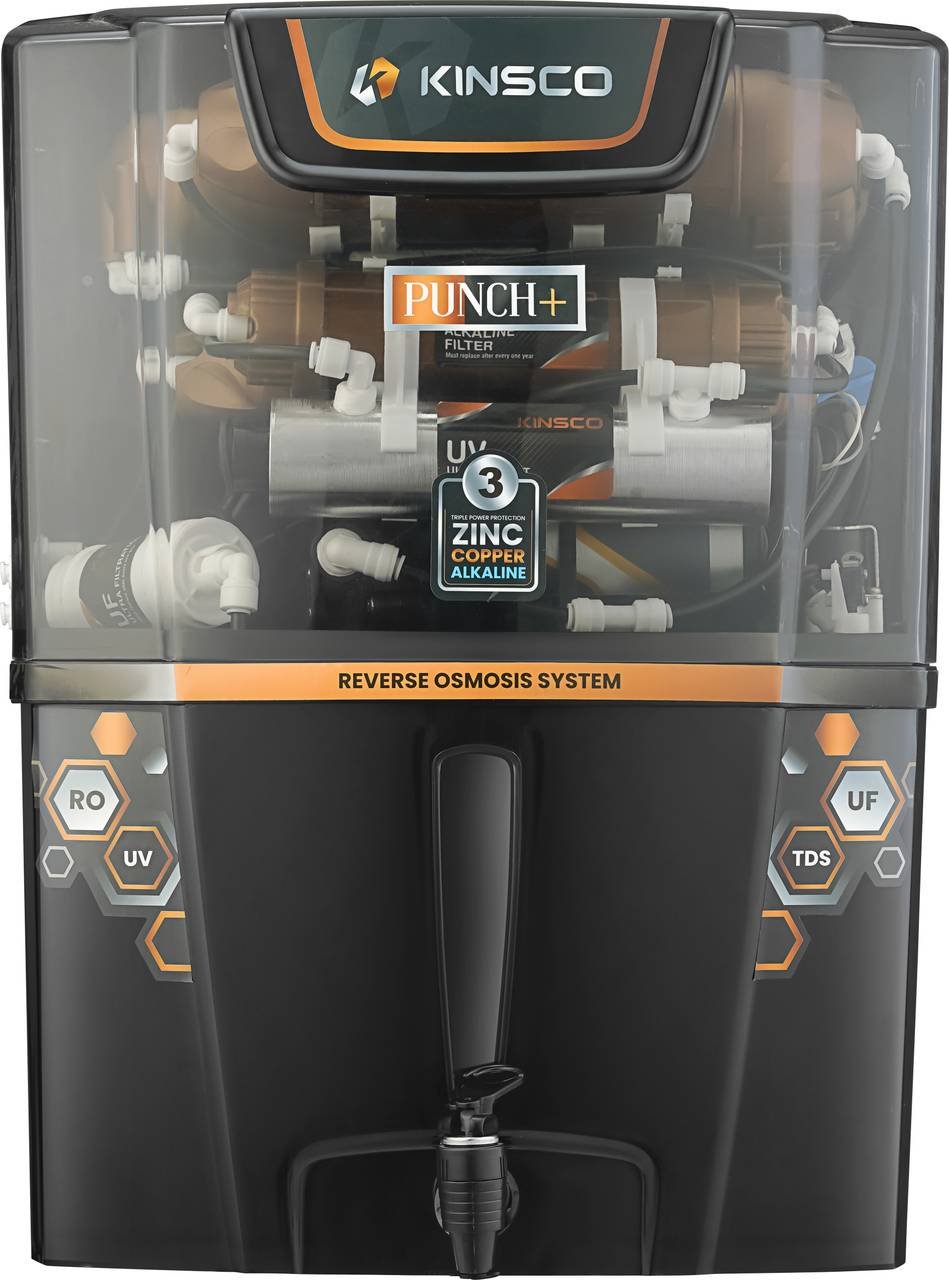 Kinsco Aqua Punch+ Zinc Copper and Alkaline 15 L RO + UV + UF + Copper Guard + pH enhancer Water Purifier with Prefilter (Black)