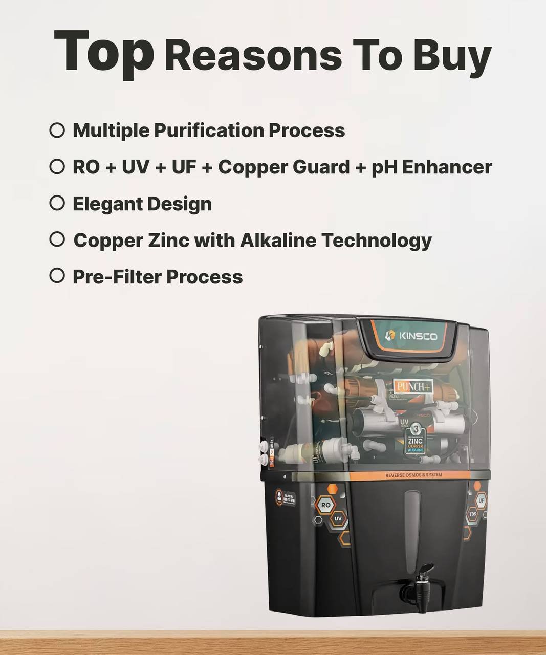 Kinsco Aqua Punch+ Zinc Copper and Alkaline 15 L RO + UV + UF + Copper Guard + pH enhancer Water Purifier with Prefilter (Black) - Image 2