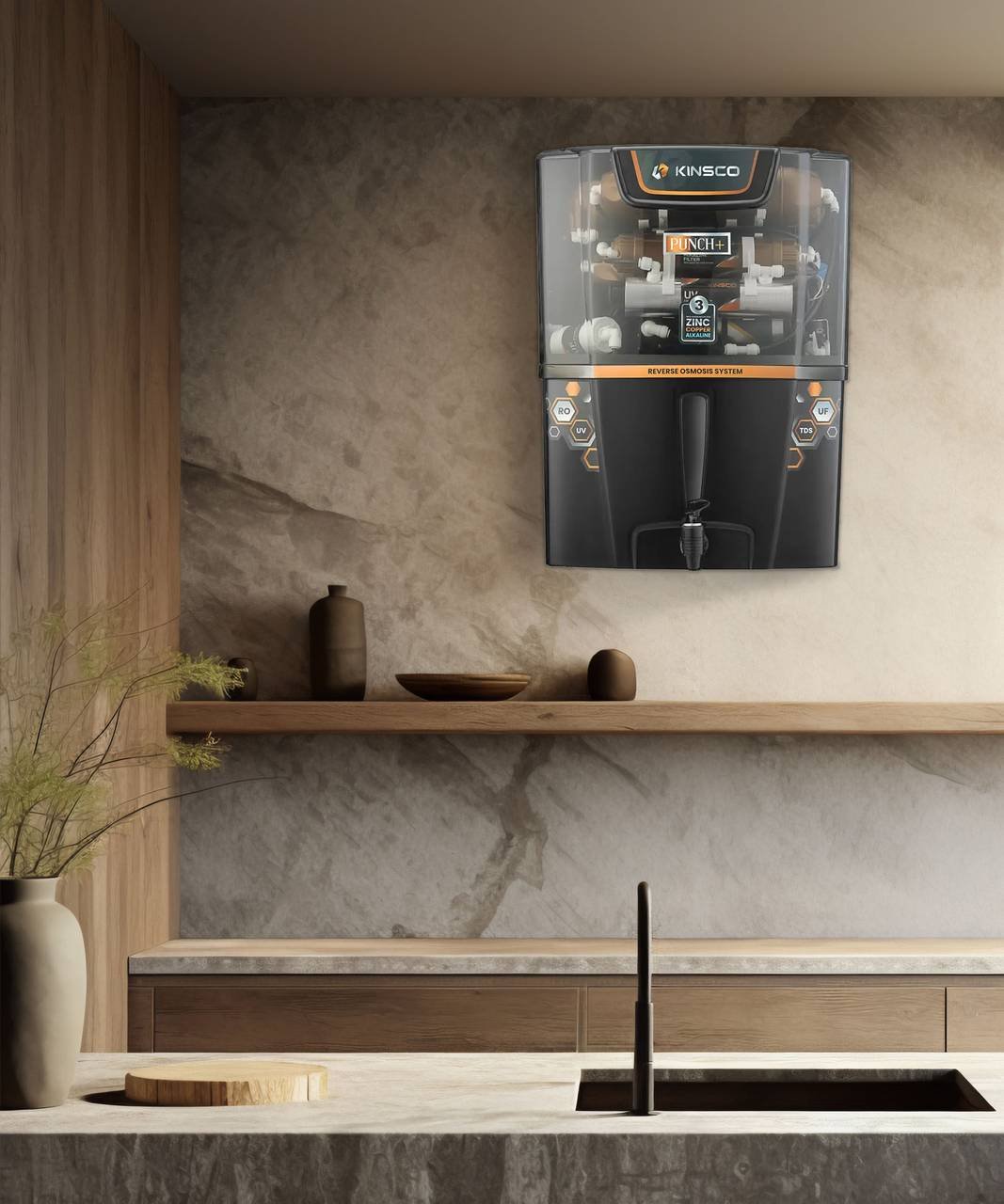 Kinsco Aqua Punch+ Zinc Copper and Alkaline 15 L RO + UV + UF + Copper Guard + pH enhancer Water Purifier with Prefilter (Black) - Image 4