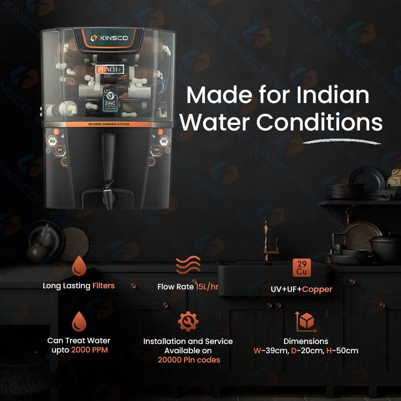 Kinsco Aqua Punch+ Zinc Copper and Alkaline 15 L RO + UV + UF + Copper Guard + pH enhancer Water Purifier with Prefilter (Black) - Image 3