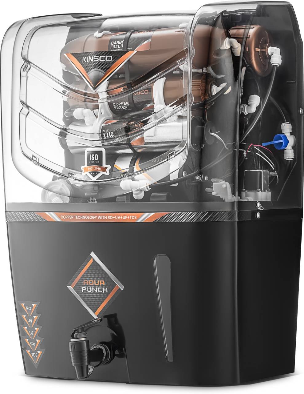 Kinsco Aqua Punch | Needs No Service for 2 Years | 15 L RO + UV + UF + Copper + TDS Control Water Purifier  (Black)