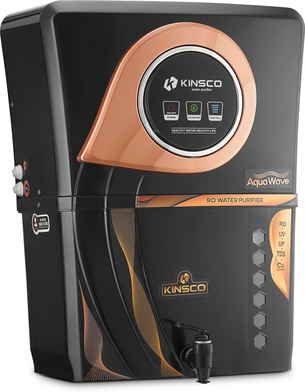 Kinsco Aqua Wave Copper 13 L RO + UV + UF + Copper + TDS Control Water Purifier with Prefilter (Black)