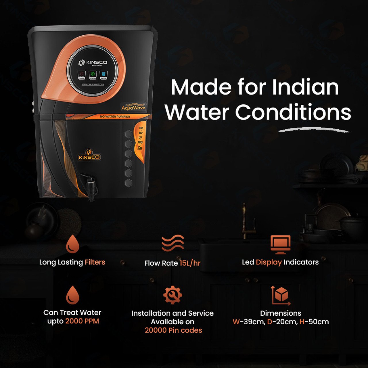 Kinsco Aqua Wave Copper 13 L RO + UV + UF + Copper + TDS Control Water Purifier with Prefilter (Black) - Image 3